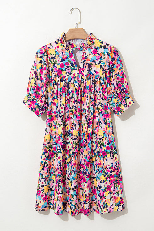 Pink Floral Puff Short Sleeve V Neck Mini Dress